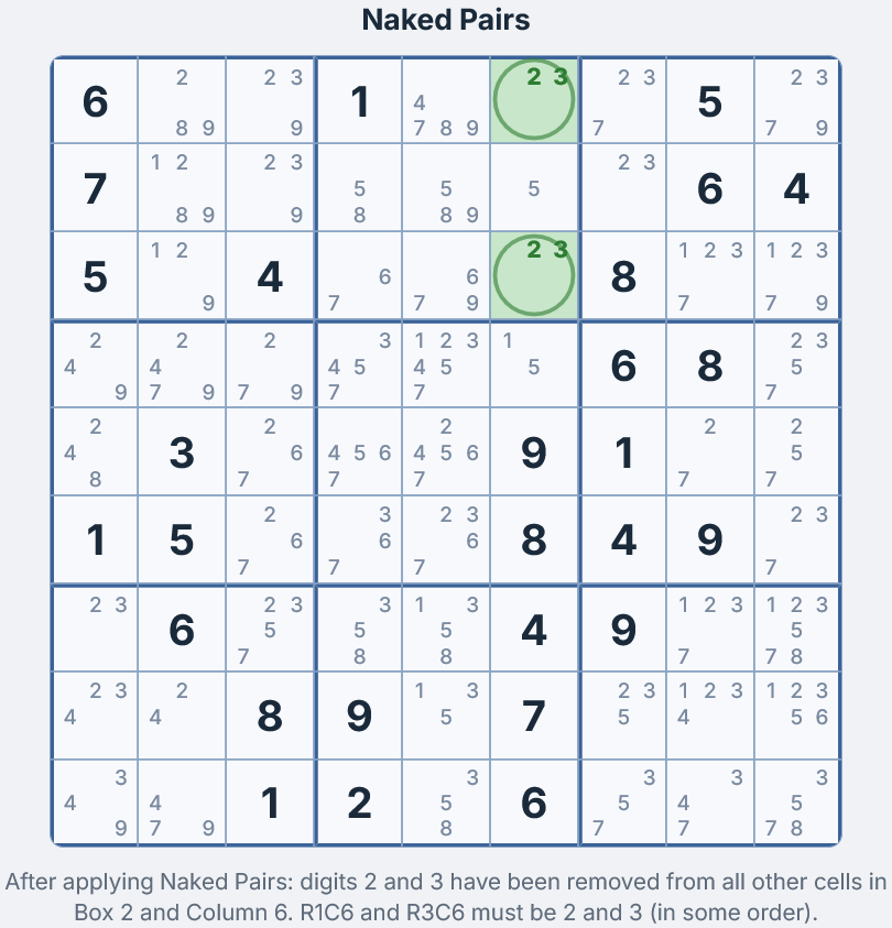 Grid after Naked Pair eliminations — candidates 2 and 3 removed from non-pair cells in Box 2 and Column 6