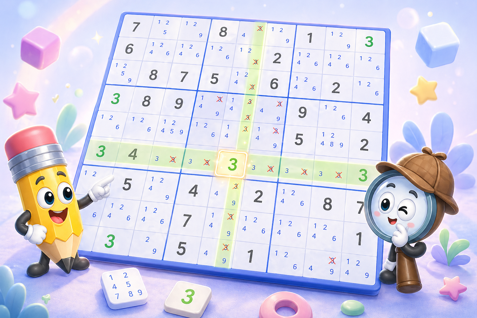 Beginner Sudoku cross-hatching example with blocked rows and columns