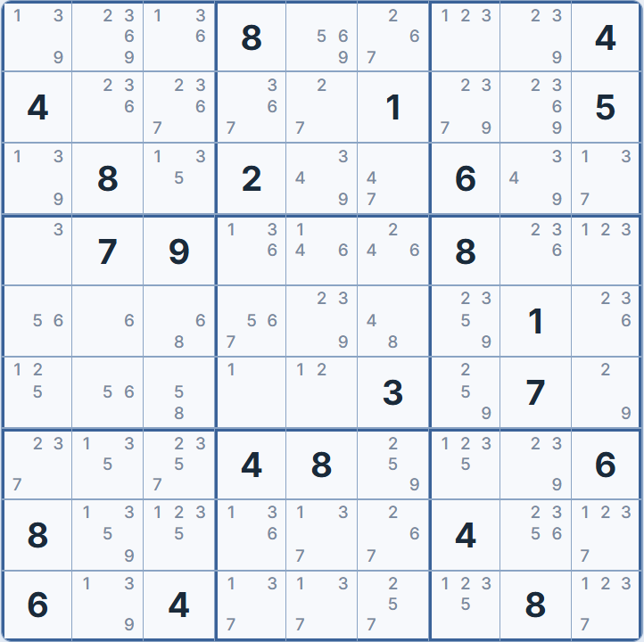 Grid after Sue de Coq &mdash; 6 candidates eliminated, three naked singles revealed: R6C4=1, R4C1=3, R5C2=6