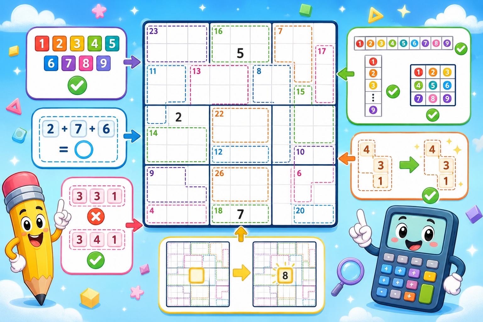 Rules of Killer Sudoku guide with cages, sums and beginner examples