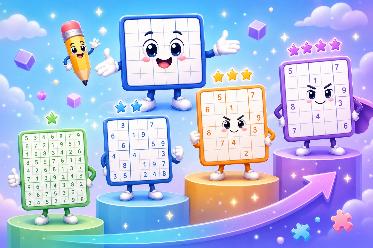 Sudoku difficulty levels guide showing easy, medium, hard and expert puzzle grids