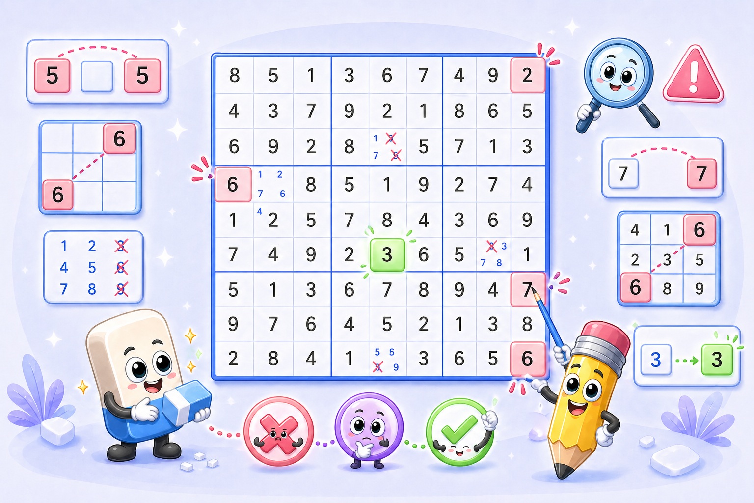 Sudoku Mistakes guide showing a puzzle grid with highlighted errors and corrected notes