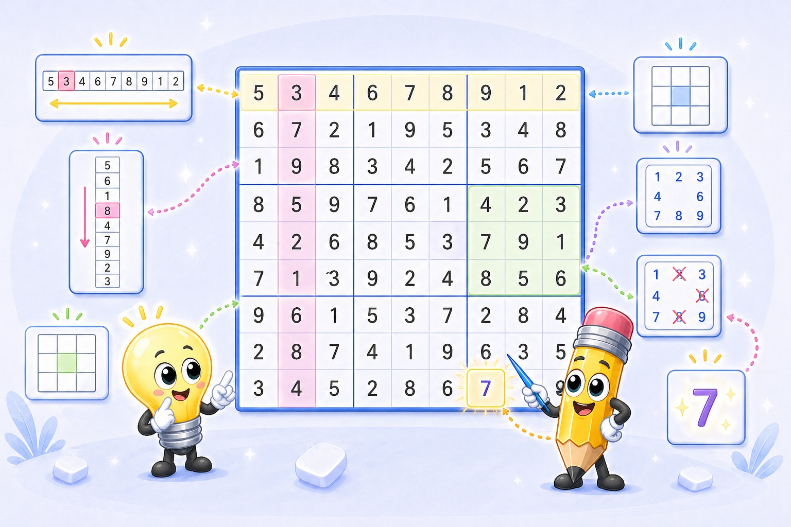 Sudoku strategies for beginners guide &mdash; annotated easy puzzle grid with beginner solving steps