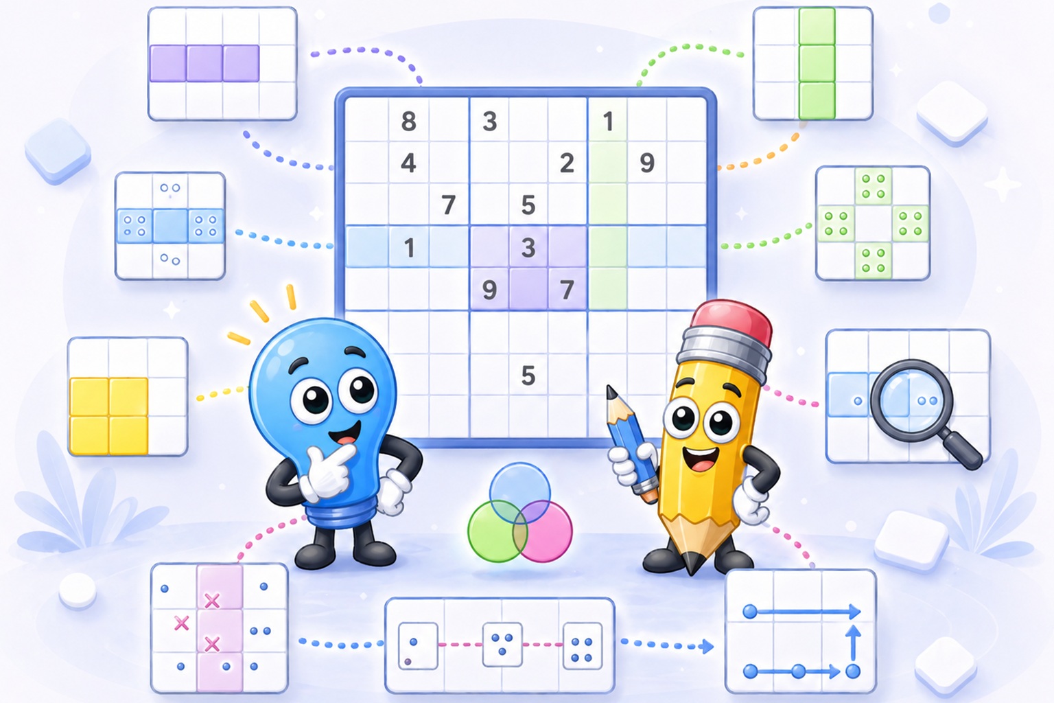 Sudoku Techniques roundup &mdash; annotated puzzle grid with solving strategy labels