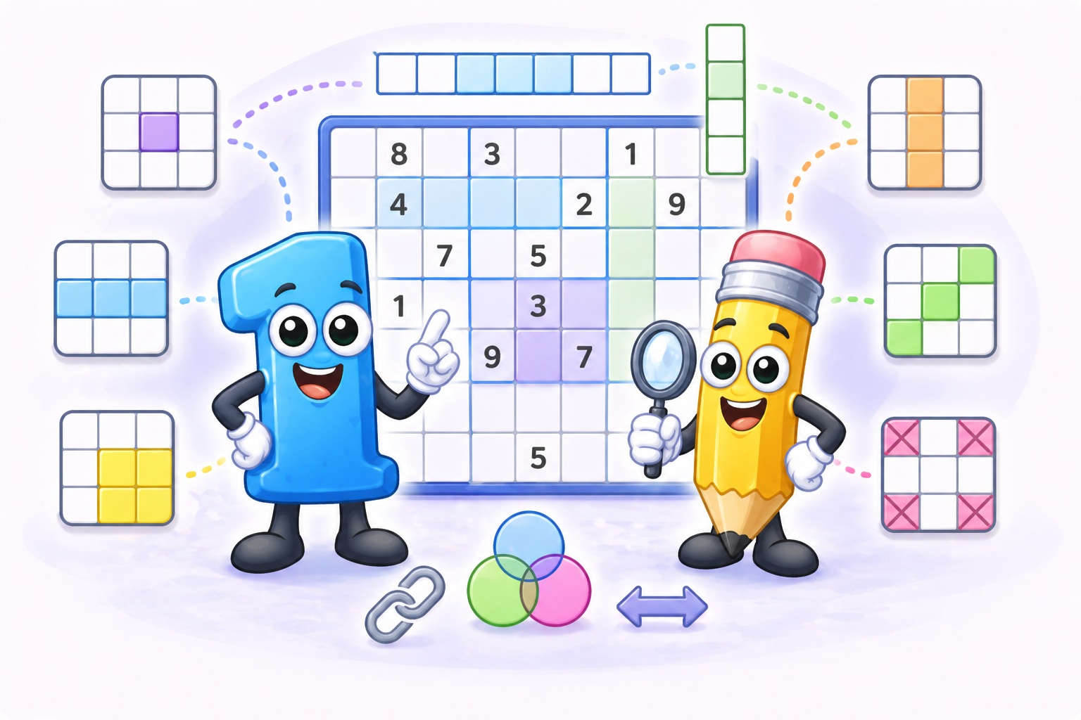 Sudoku Terms glossary &mdash; annotated sudoku grid with vocabulary labels
