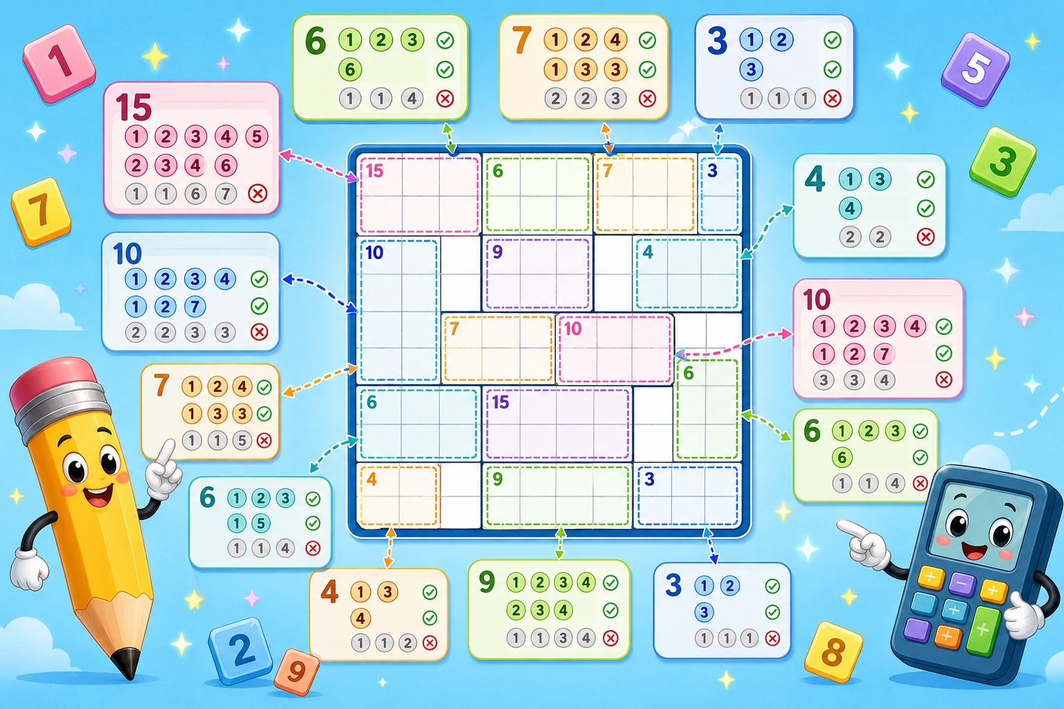 Killer Sudoku combinations guide with cage sums, combination charts and candidate notes
