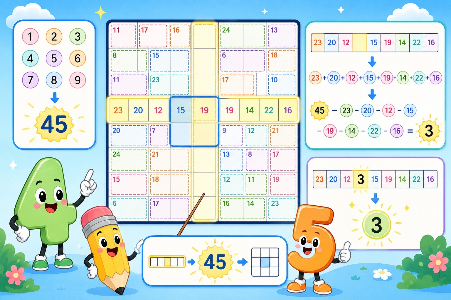 Rule of 45 Sudoku guide showing Killer Sudoku cages, innies, outies and 45 totals